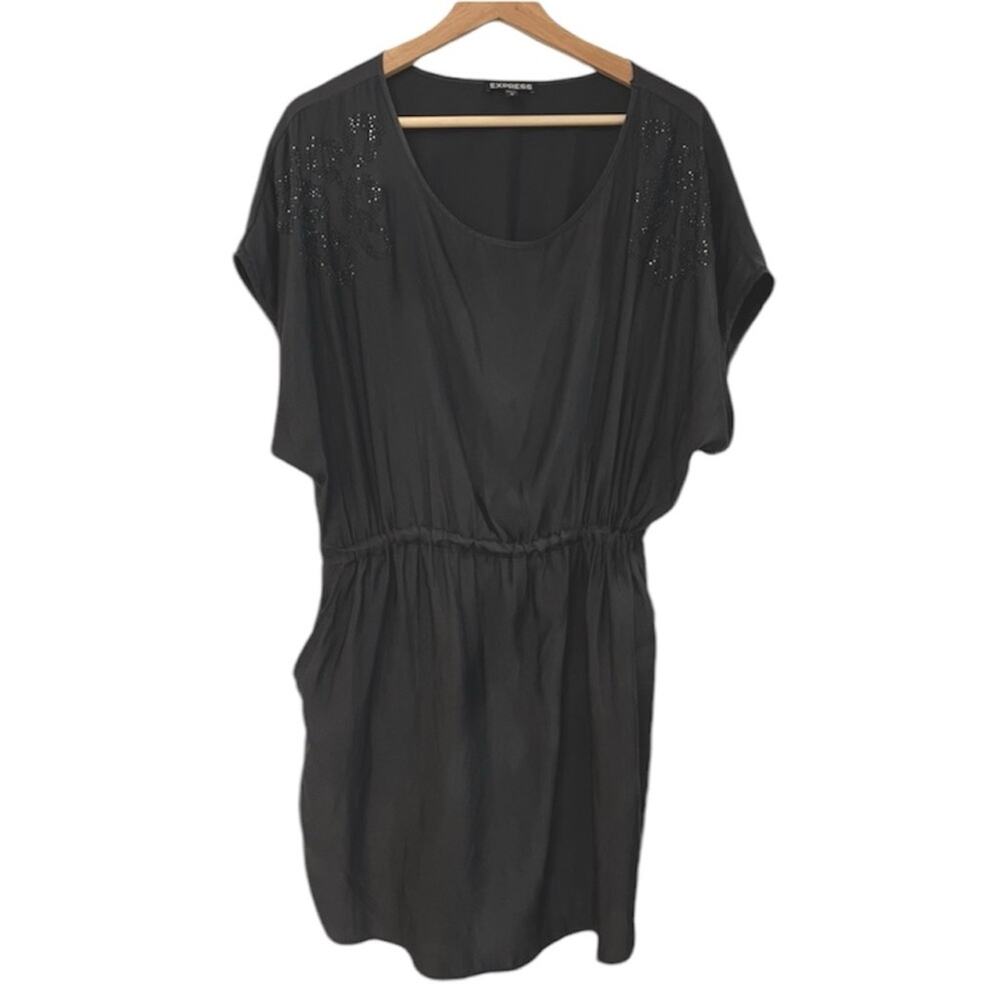 EXPRESS Grey Dress Short Dolman Sleeve with Pockets and Rhinestones Size Large